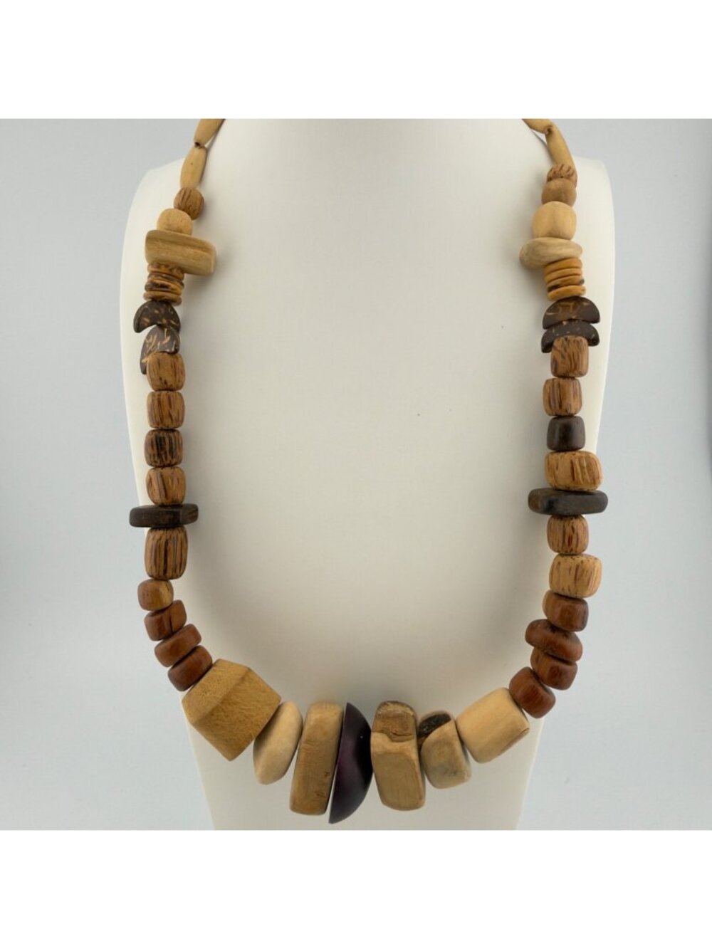 Vintage Natural Wood Bead Necklace Tribal Chunky Graduated Boho